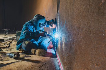 Welders at work in metal argon industry, welding metal plate tank construction close up wear...