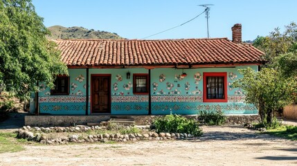 Colorful Traditional Home with Vibrant Facade in Beautiful Rural Landscape Surrounded by Lush Greenery and Mountainous Terrain