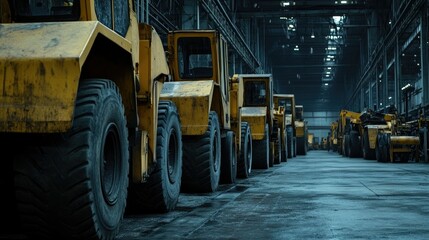 Heavy Machinery in Industrial Warehouse Featuring Yellow Forklifts and Equipment Lineup in Low-Light Environment with Concrete Floor and High Ceilings