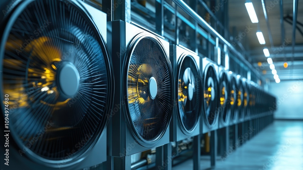 Poster industrial cooling fans in a modern data center efficiently managing heat with advanced technology t