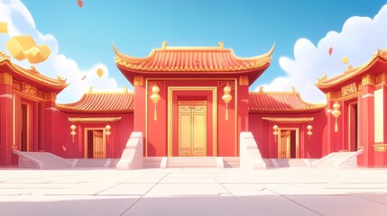 Fototapeta premium traditional chinese red and gold classical architecture illustration poster background