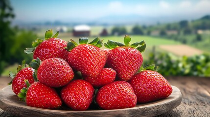 Stacked Fresh Ripe Strawberries on Rustic Wooden Plate with Farm Backdrop