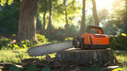 Close-Up of an Orange Chainsaw Resting on a Tree Stump Surrounded by Lush Green Forest in Warm Afternoon Light