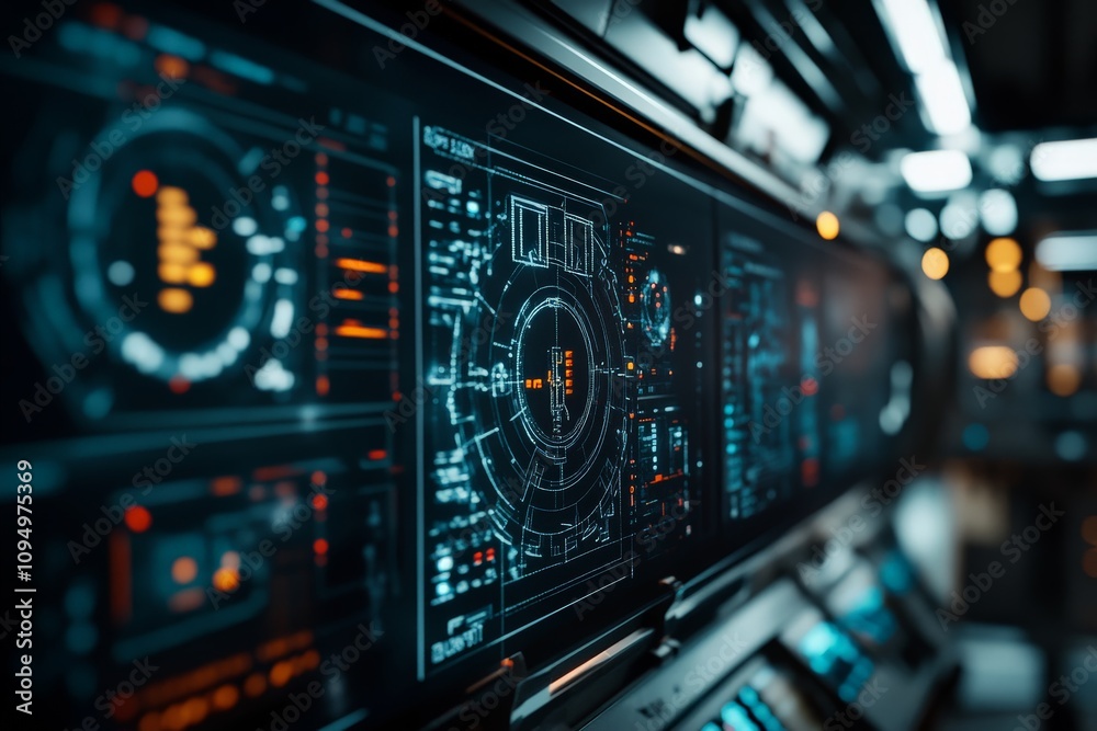 Poster a high-tech digital interface with vibrant data visualizations, showcasing cutting-edge technology a