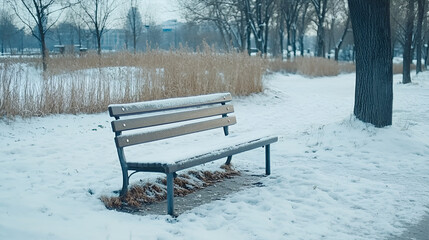Naklejka premium Lonely park bench covered with snow in a winter landscape
