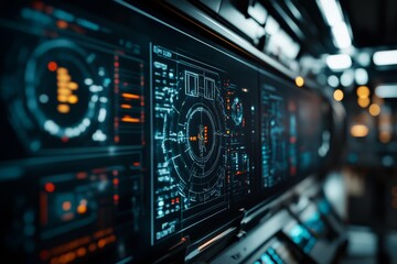 Obraz premium A high-tech digital interface with vibrant data visualizations, showcasing cutting-edge technology and futuristic information display on a broad screen.