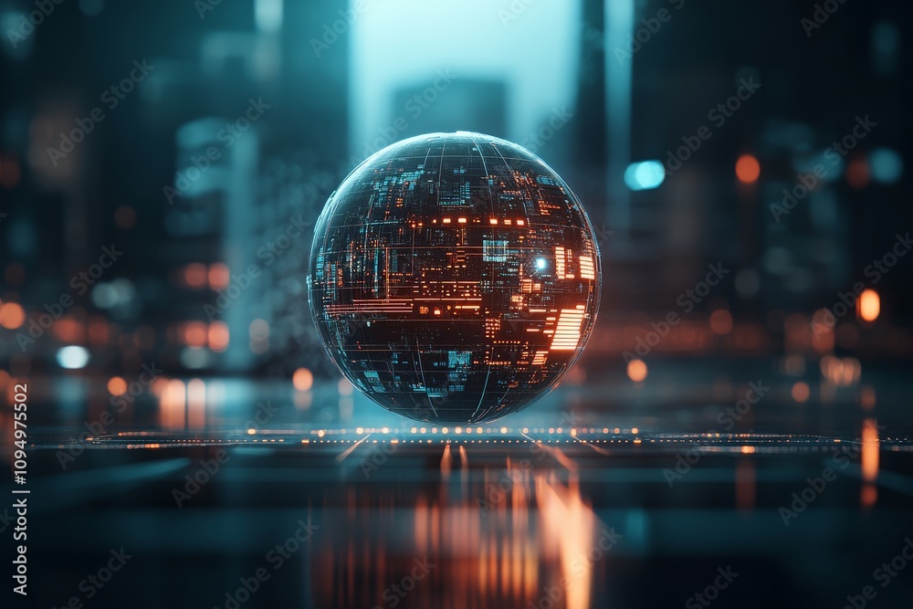 Poster a spherical digital globe embedded with intricate circuit patterns, representing the concept of glob