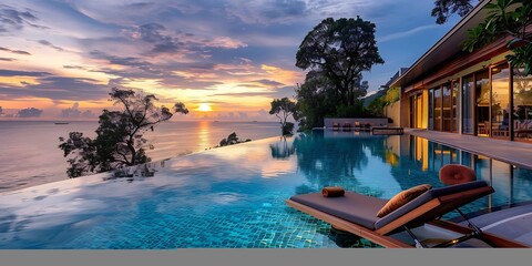 Naklejka na ściany i meble luxury swimming pool on sea view and chair in hotel resort with sunrise time