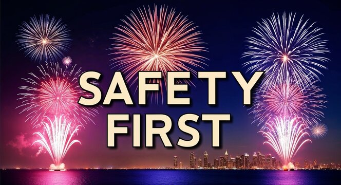 safety first lettering design on night sky with fireworks background new year party concept - Powered by Adobe