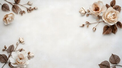 Obraz premium A vintage floral frame of sepia-toned roses and leaves with a clear center for antique-inspired designs.