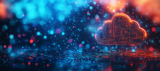 Obraz premium Digital illustration of a cloud symbol made from a glowing circuit board, representing the concept of virtualized and cloud-based computing in big data technology, with a blurred background