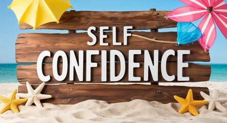 self confidence lettering on wooden sign board with beach summer background