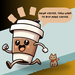 A cartoon-style beige coffee cup with a character’s face, paired with humorous speech bubbles: "I did my best" and "Drink coffee, then work to buy more coffee." Beige gradient background.