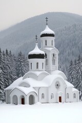 Obraz premium Scenic Winter Wonderland Serene White Orthodox Church amidst Snowy Forest and Majestic Mountains