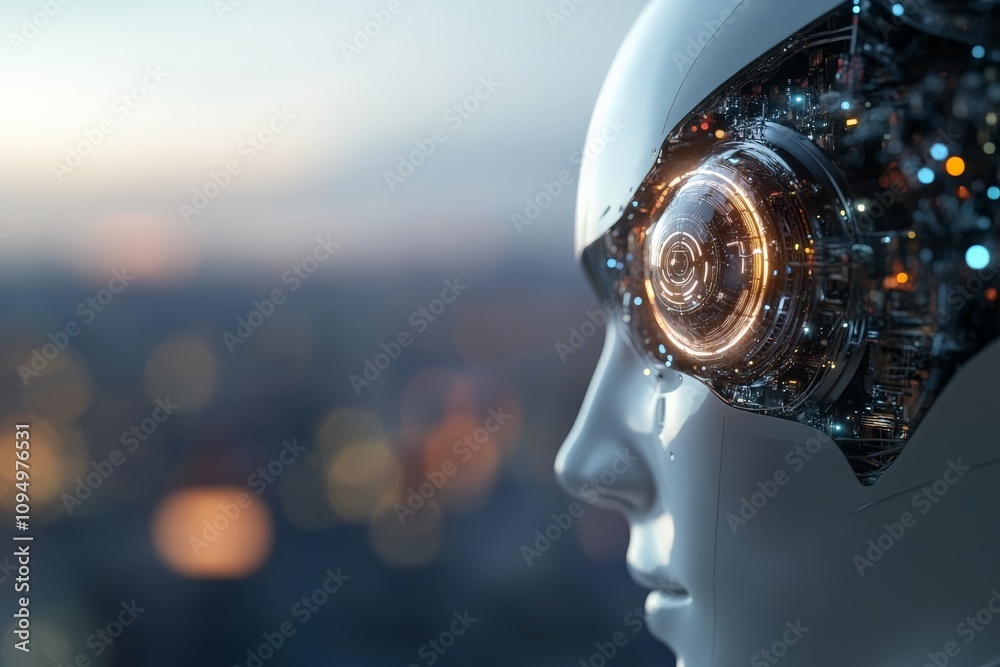 Poster a futuristic humanoid robot with an advanced digital eye interface, blending human elements with hig