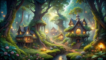 Enchanted Forest Fairies in a Whimsical Architectural Setting Surrounded by Lush Nature and Magical Light, Perfect for Fantasy and Nature Enthusiasts