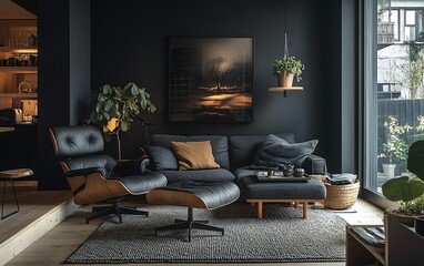 Dark modern living room with gray sofa, lounge chair, and plants.