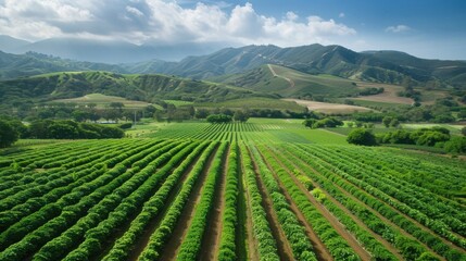 Aerial view of lush green farmland scenic landscape symmetrical crop rows vibrant colors geometric patterns