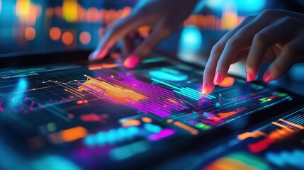 Naklejka premium Illustration style Business and Productivity, teamwork concepts, depicting coworkers working together on a laptop screen showing analytics, with vibrant and dynamic visuals,
