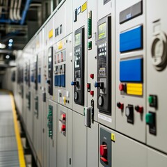Industrial control panel, numerous switches, buttons.