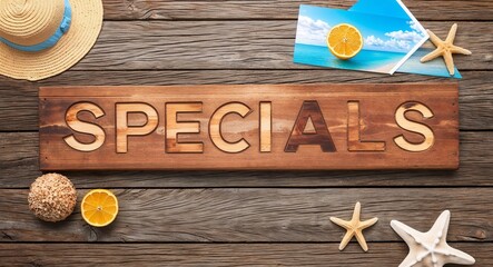 daily specials lettering on wooden sign board with beach summer background