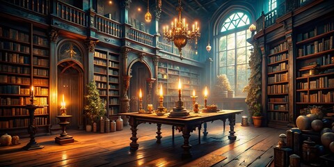 Obraz premium Enchanted Library with Towering Bookshelves, Floating Candles, and Mystical Creatures in a Dimly Lit Room Filled with Ancient Tomes and Magical Artifacts