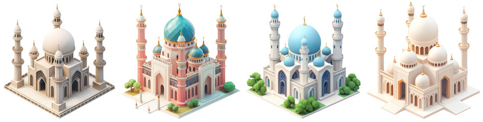 A 3D mosque silhouette icon displayed on a transparent background, representing Islamic architecture and community, perfect for cultural designs.