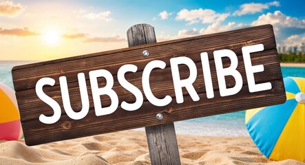 Subscribe lettering on wooden sign board with beach summer background