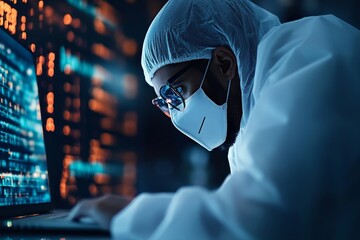 A dedicated scientist engrossed in work at a lab, wearing protective gear, symbolizing diligence and safety with a digital data background illuminating the environment.