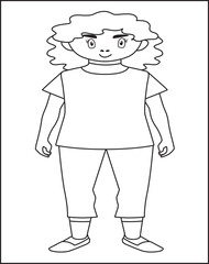 Drawing of a man in doodle style. Contour linear illustration of a smiling girl, Hand drawn woman standing in a dress, Simple clipart