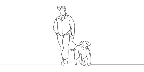 Man Walking with Dog Line Art Drawing. Dog Abstract One Line Vector Illustration. Minimal Trendy Contemporary Design Perfect for Wall Art, Prints, Social Media, Posters, Invitations, Branding Design