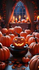 Obraz premium Jack o lantern in cauldron among autumn pumpkins and candles
