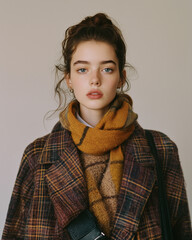 Moda - Portret pięknej młodej kobiety w stylu Vogue w marynarce w kratę i szalu.
