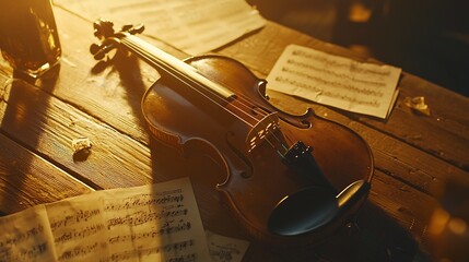 Naklejka premium A classic violin resting on a wooden table its glossy surface softly illuminated surrounded by scattered sheet music evoking a warm and timeless atmosphere of musical elegance and composition