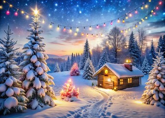 Enchanting Christmas Winter Wonderland Scene with Snow-Covered Trees and Glowing Lights, Perfect for Holiday Celebrations and Winter Festivities