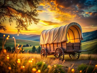 Enchanting Covered Wagon Scene with Bokeh Effect Capturing the Spirit of the Old West - A Stunning Journey Through Time in Picturesque Landscape