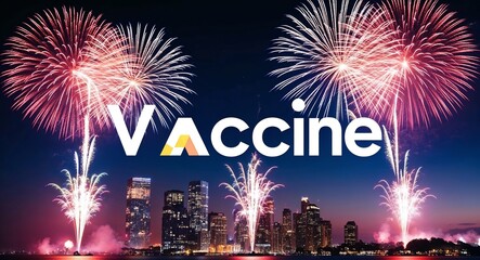 vaccine lettering design on night sky with fireworks background new year party concept
