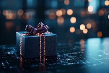 A gift box crafted to resemble a tech device features a digital ribbon, symbolizing innovation and surprise, set against a backdrop of circuit board patterns.