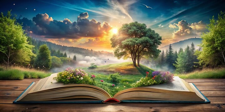 Enchanting Double Exposure Photography of an Open Book Merging with Nature Elements for Captivating Reading and Imagination Themes