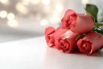 Bouquet of pink roses on a white surface with a soft bokeh background