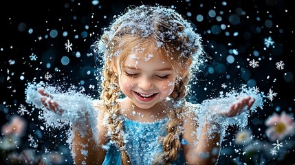 Obraz premium A full body shot of a little girl wearing a sleeveless princess dress, her golden hair braided into long and beautiful braids, and her whole body covered in sparkling snowflakes