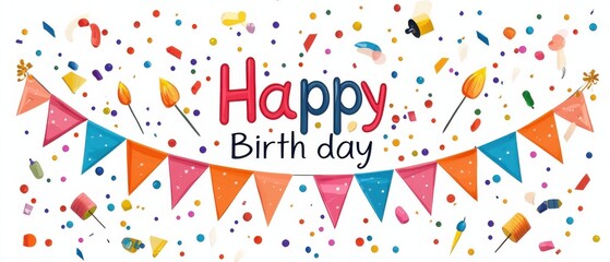 Vibrant happy birthday celebration banner with colorful decorations festive atmosphere graphic design cheerful environment playful viewpoint for special moments