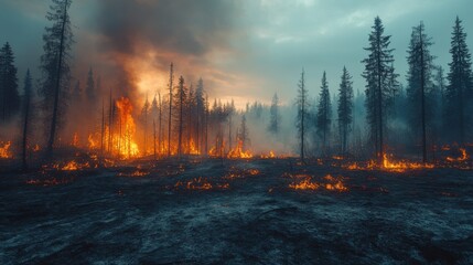 Forest fire engulfs trees under a smoky orange sky, highlighting the destructive power of wildfires, climate change, and the urgent need for environmental conservation