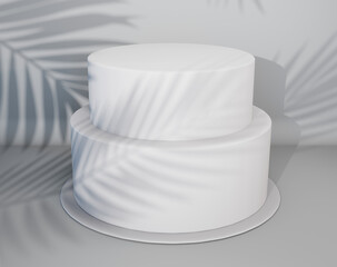 Two tier white Cake mock-up 3d render minimal design isolated on white background with palm leaves shadows