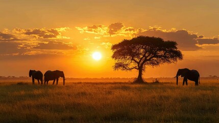 Fototapeta premium Silhouetted elephants against a vibrant sunset in a serene landscape.