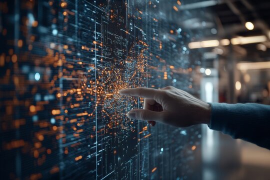 A finger interacts with a sophisticated digital interface, lighting up the display with a burst of information and showcasing technological advancements. - Powered by Adobe