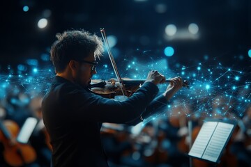 Fototapeta premium A violinist playing passionately, surrounded by digital visualizations of musical notes and a vibrant orchestral setting, merging classical music with technology.