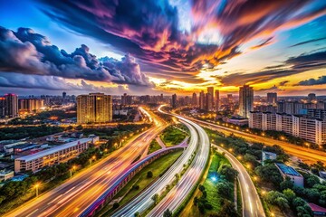 Fototapeta premium Enchanting Long Exposure Capture of a Mystical Urban Landscape at Night with Flowing Lights and Soft Movement, Invoking a Dreamlike Atmosphere of Serenity and Motion