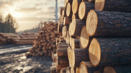 Stacked pine logs in wood industry 