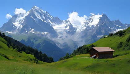 A stunning alpine landscape unfolds with a rustic wooden chalet nestled amidst rolling green meadows